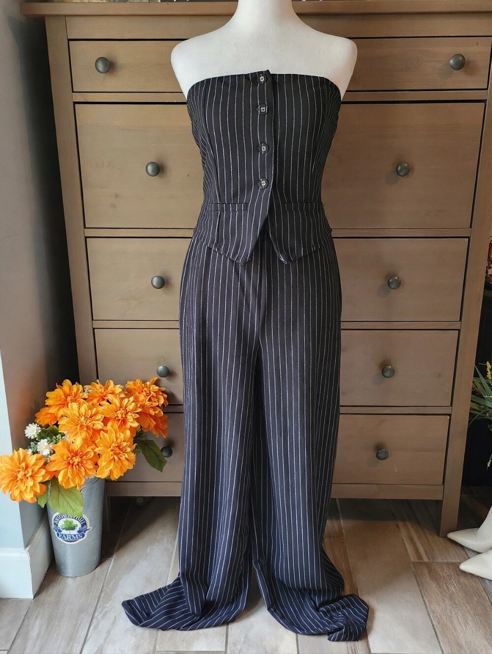Madden Girl Pinstripe Strapless Wide Leg Jumpsuit